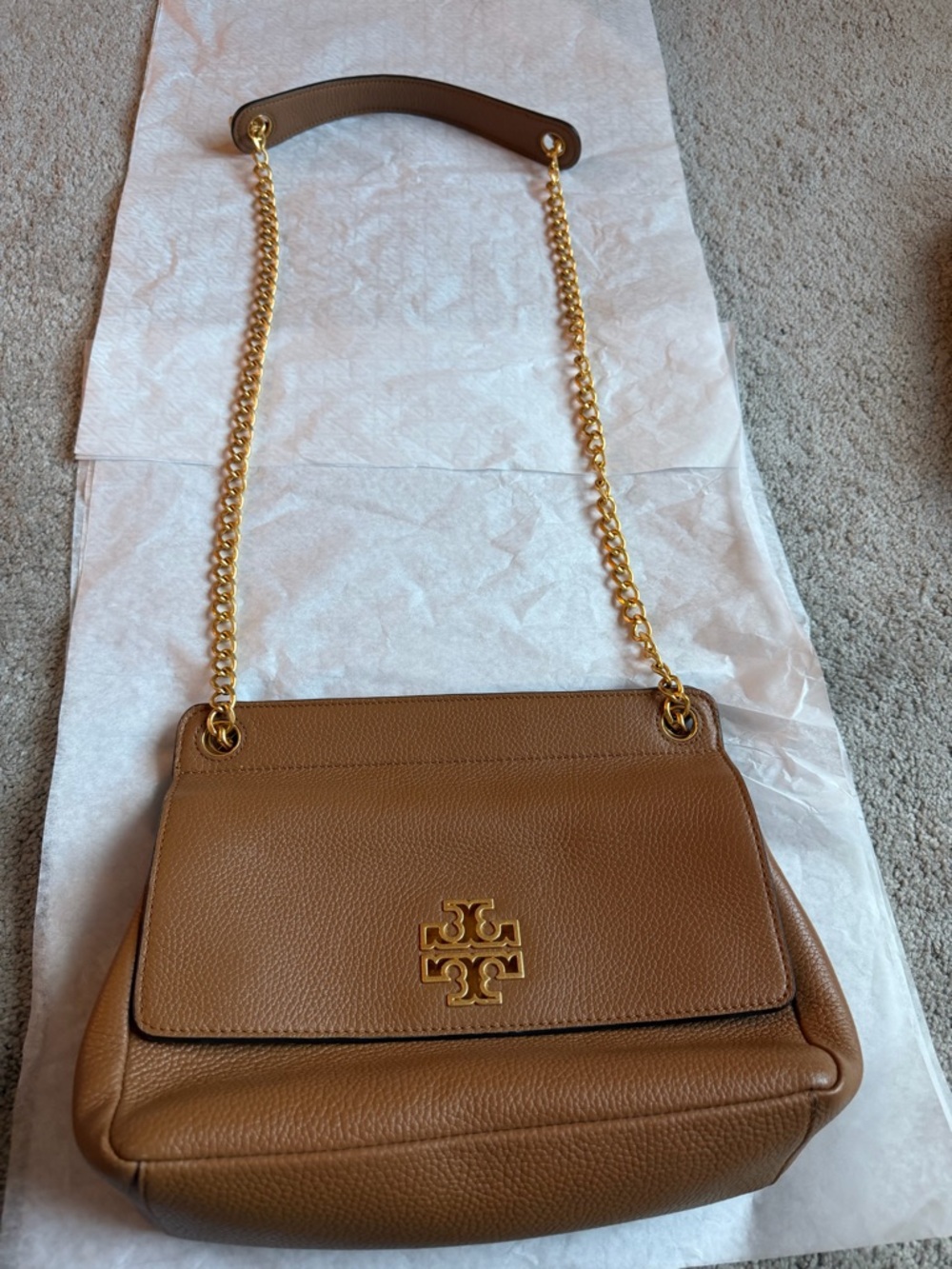 Tory Burch Tan Pebbled Leather Shoulder Bag with Gold Chain